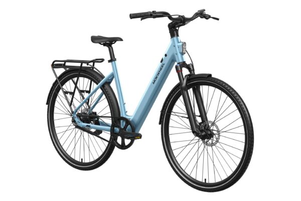 Light blue step-through electric commuter bike with a rear cargo rack, fenders, and disc brakes.