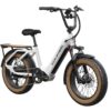 White Mokwheel electric step-through bike with fat tires and a rear rack.