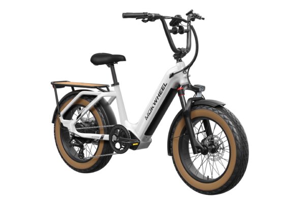 White Mokwheel electric step-through bike with fat tires and a rear rack.