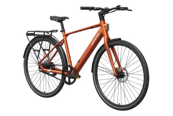 Orange Mokwheel electric commuter bike with a rear rack, fenders, and disc brakes.