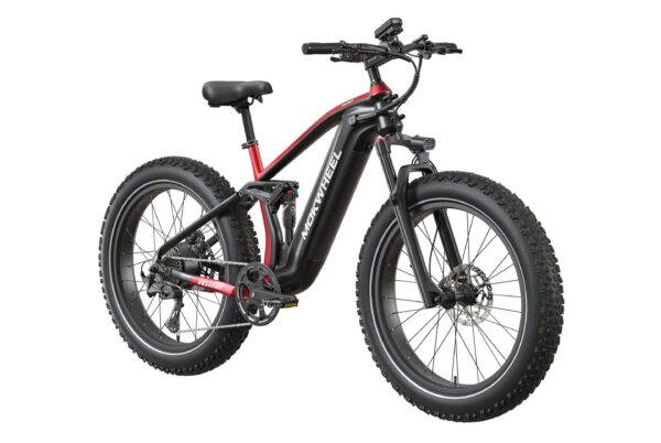 Black and red Mokwheel Obsidian full-suspension electric fat tire bike.