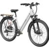 White Mokwheel Asphalt ST electric step-through bike with a rear cargo rack and front suspension.