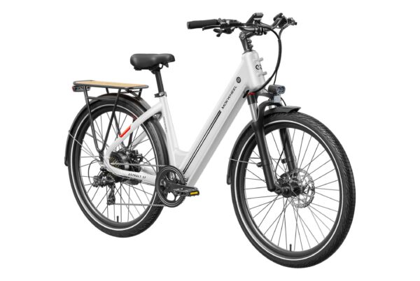 White Mokwheel Asphalt ST electric step-through bike with a rear cargo rack and front suspension.