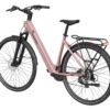 A pink Mokwheel step-through electric bicycle with a rear rack, fenders, and a black front suspension fork.
