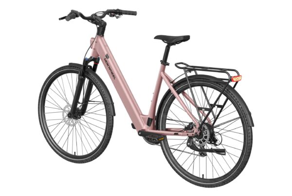 A pink Mokwheel step-through electric bicycle with a rear rack, fenders, and a black front suspension fork.
