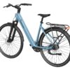 Light blue Mokwheel step-through electric bicycle with a rear cargo rack and fenders.