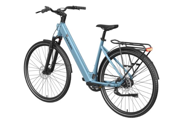 Light blue Mokwheel step-through electric bicycle with a rear cargo rack and fenders.