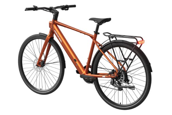 Copper-colored Mokwheel electric commuter bike with a rear rack, fenders, and disc brakes.