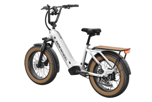 White Mokwheel Scoria electric bike with fat tires and a rear wooden rack.