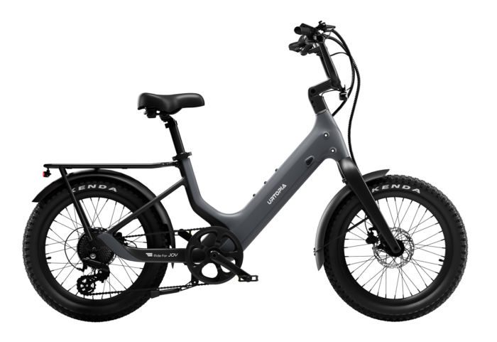 Dark gray Urtopia step-through electric bike with a rear cargo rack and thick tires.