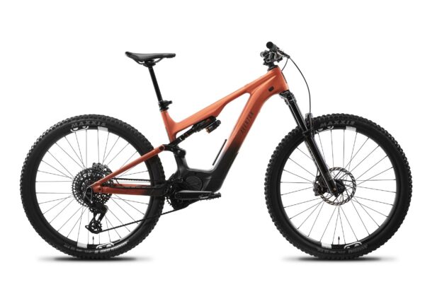 Aventon full-suspension electric mountain bike in orange and black.