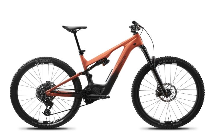 Aventon full-suspension electric mountain bike in orange and black.