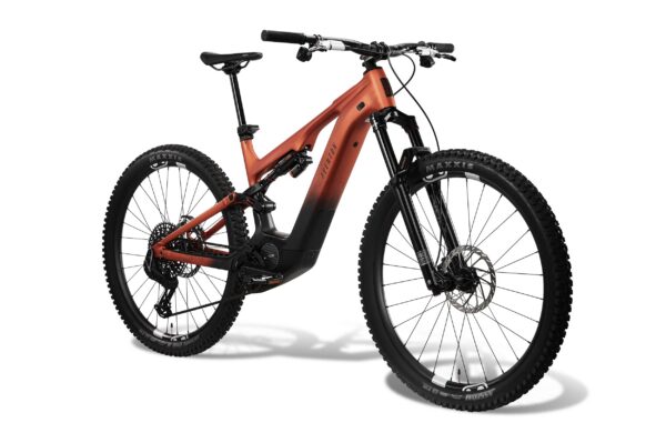 Aventon full-suspension electric mountain bike in orange and black.