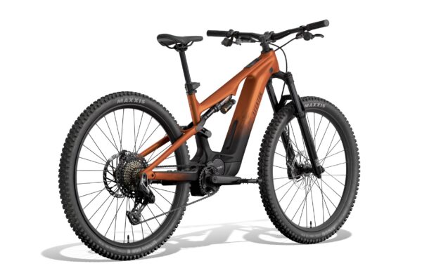 An Aventon full-suspension electric mountain bike in an orange-to-black fade paint job.