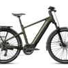 Olive green Aventon electric commuter bike with a rear rack, fenders, and disc brakes.