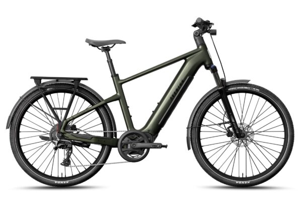 Olive green Aventon electric commuter bike with a rear rack, fenders, and disc brakes.
