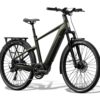 Olive green Aventon electric commuter bike with a rear cargo rack, front suspension, and black fenders.