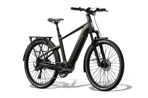 Olive green Aventon electric commuter bike with a rear cargo rack, front suspension, and black fenders.