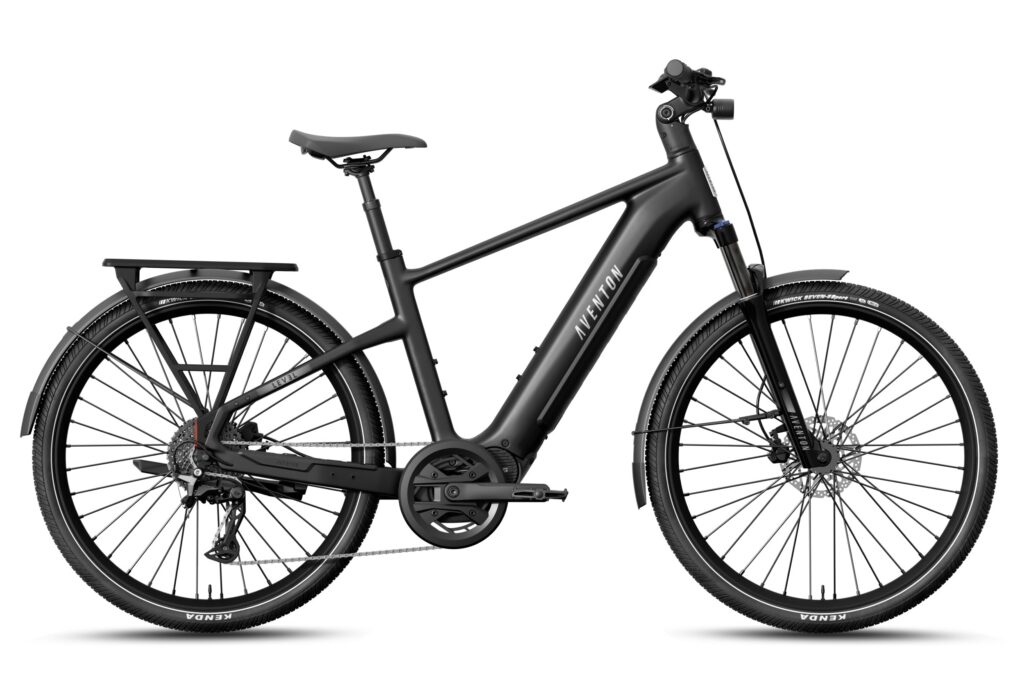 Matte black Aventon commuter e-bike with a rear rack, fenders, and front suspension.