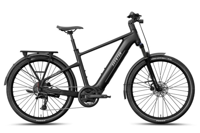 Matte black Aventon commuter e-bike with a rear rack, fenders, and front suspension.