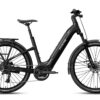 Matte black Aventon step-through electric commuter bike with a rear rack, fenders, and disc brakes.