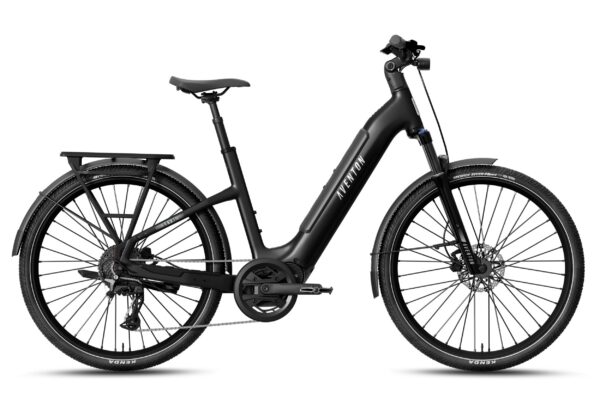 Matte black Aventon step-through electric commuter bike with a rear rack, fenders, and disc brakes.