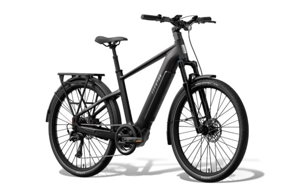 Matte black Aventon electric commuter bike with a rear cargo rack and fenders.