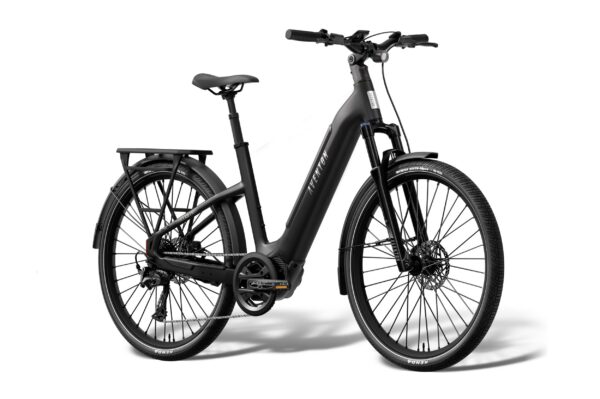 Matte black Aventon step-through electric bicycle with a rear cargo rack, fenders, and disc brakes.