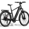 Matte black Aventon electric mountain bike with a rear rack, fenders, and disc brakes.