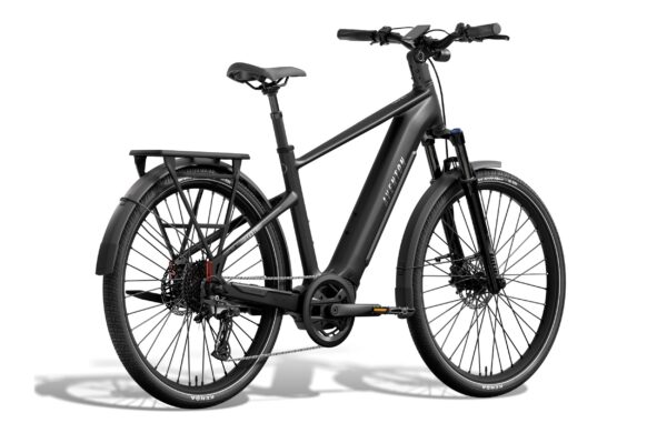Matte black Aventon electric mountain bike with a rear rack, fenders, and disc brakes.