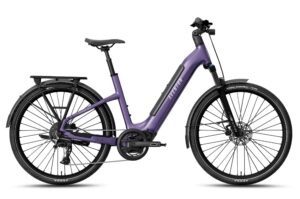 Purple Aventon step-through electric commuter bike with a rear rack, fenders, and disc brakes.