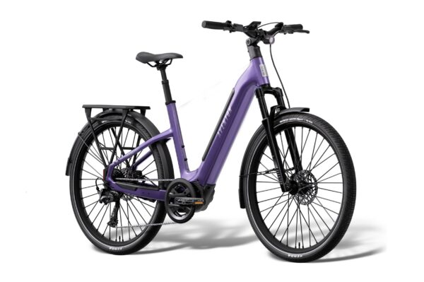 Purple Aventon electric step-through bicycle with a rear rack, fenders, and front suspension.