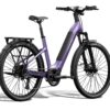 Purple step-through electric commuter bike with a rear rack, fenders, and suspension fork.