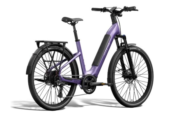 Purple step-through electric commuter bike with a rear rack, fenders, and suspension fork.