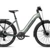 Sage green Aventon step-through electric bike with a rear rack, fenders, and disc brakes.