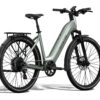 Light green Aventon step-through electric commuter bike with a rear rack, fenders, and disc brakes.