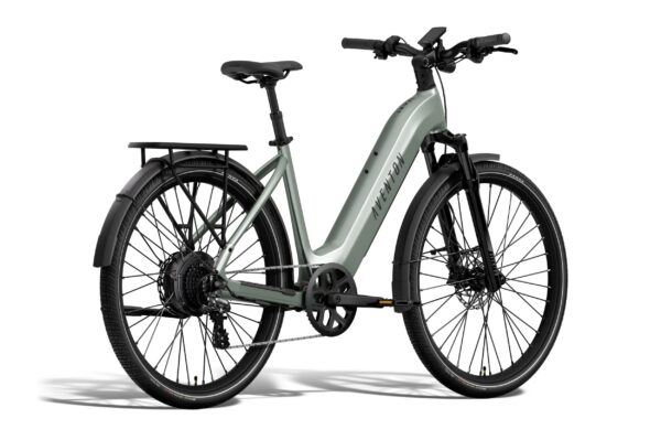 Light green Aventon step-through electric commuter bike with a rear rack, fenders, and disc brakes.