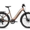 Bronze Aventon step-through electric commuter bike with a rear cargo rack, fenders, and disc brakes.