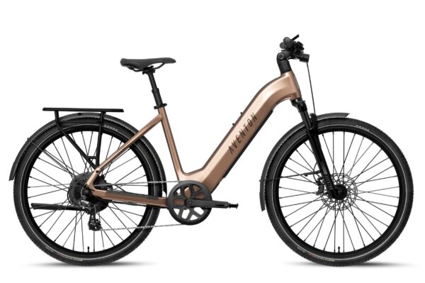 Bronze Aventon step-through electric commuter bike with a rear cargo rack, fenders, and disc brakes.