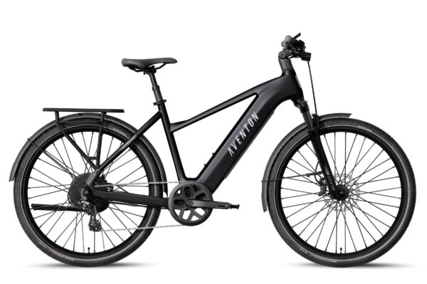Black Aventon step-through electric commuter bike with a rear rack and fenders.