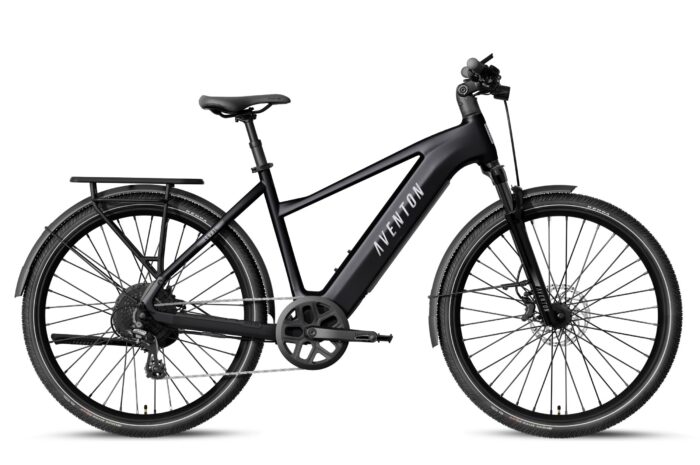 Black Aventon step-through electric commuter bike with a rear rack and fenders.