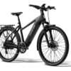 Matte black Aventon electric commuter bike with a rear rack, fenders, and disc brakes.