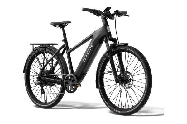 Matte black Aventon electric commuter bike with a rear rack, fenders, and disc brakes.