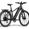 Matte black Aventon electric commuter bike with a rear rack, fenders, and disc brakes.