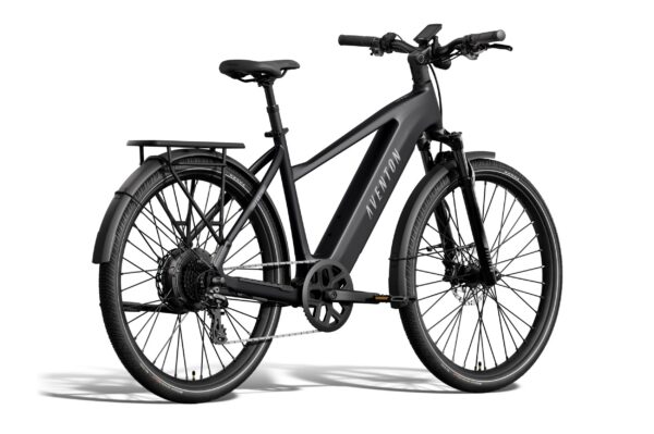 Matte black Aventon electric commuter bike with a rear rack, fenders, and disc brakes.