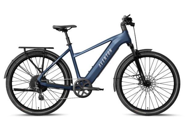 Dark blue Aventon step-through electric bike with a rear rack, fenders, and disc brakes.