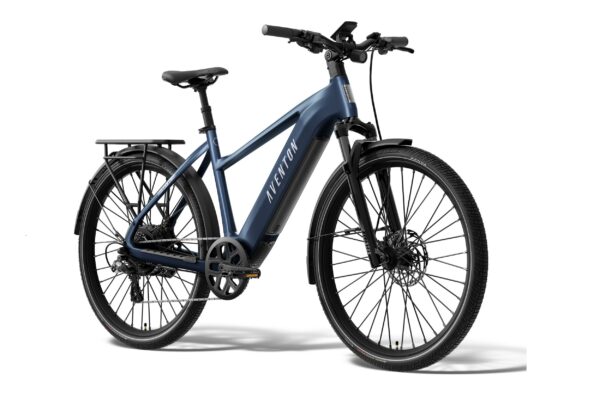 Aventon step-through electric commuter bike in matte blue with a rear rack, fenders, and disc brakes.