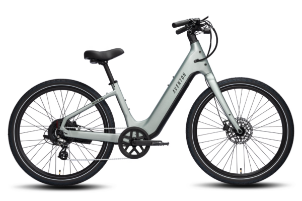 Aventon step-through electric bicycle in light grey.