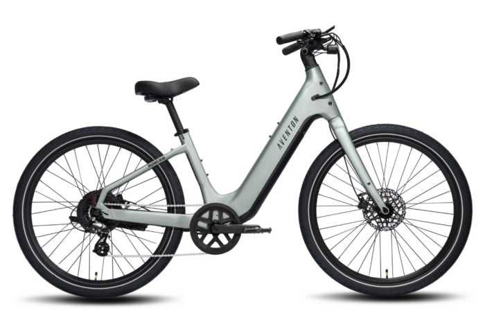 Aventon step-through electric bicycle in light grey.