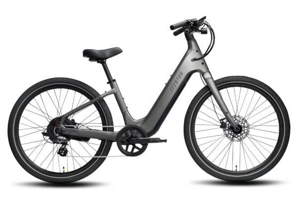 Aventon step-through electric bicycle in dark gray.